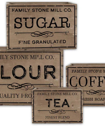 Family Stone Mill Co. pantry signs — Sugar, Flour, Coffee, and Tea — Kitchen & Pantry collection at Simply Serenity in Dublin, TX