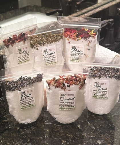 Assorted mineral bath soak blends in bags by Simply Serenity for relaxation and stress relief