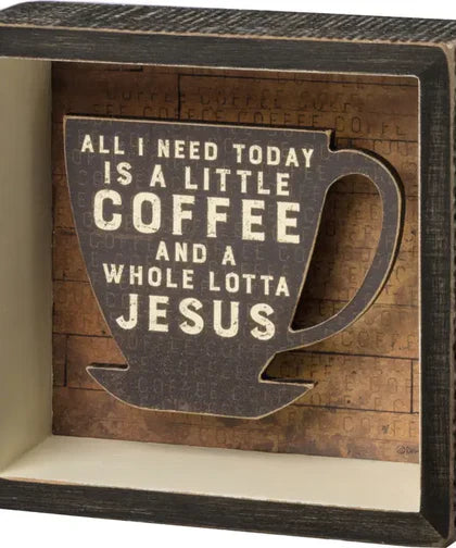 Rustic wood box sign with coffee and faith inspirational quote from Simply Serenity signs and plaques collection