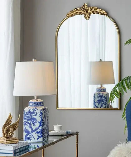 Blue and white ginger jar lamps with arched gold mirror — new arrivals at Simply Serenity