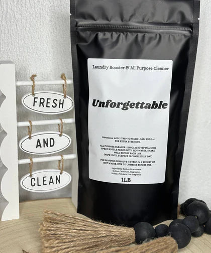 Unforgettable scented laundry powder pouch with Fresh and Clean signs from Simply Serenity laundry care collection