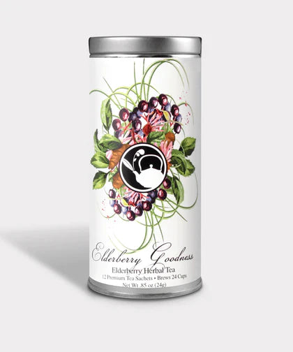 Elderberry Goodness herbal tea in a tall decorative tin from Simply Serenity tea collection