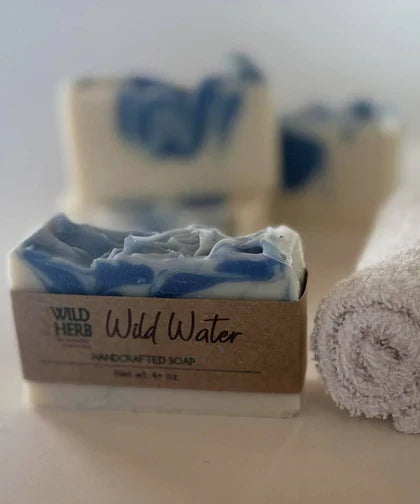 Wild Water handcrafted natural bar soap with rolled towel from Simply Serenity bar soap collection