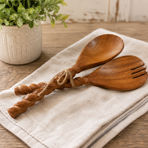 10 inch Brown Wood Serving Utensils -Set of 2