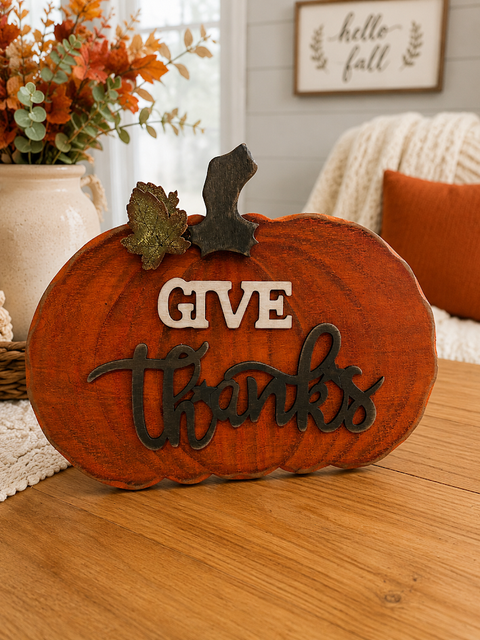 Give Thanks Pumpkin Wood Stand Sign