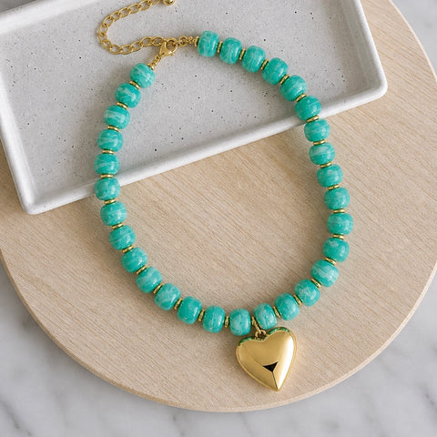 Aqua Resin Beaded Necklace with Gold Heart