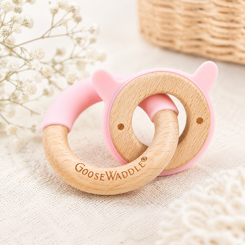 Pink Goose Waddle Silicone + Wood Double Teether