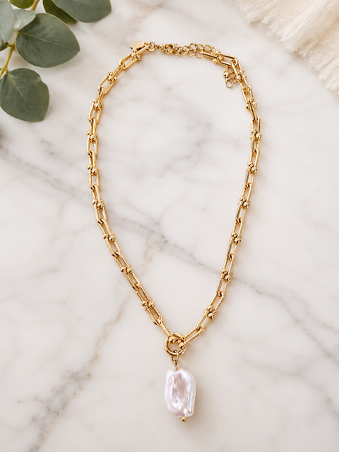 Gold Chain Link Necklace with Pearl Pendant