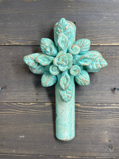Destin Large Flower Wall Cross-7x11 inches-Rustic-Turquoise