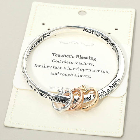 TEACHERS BLESSING Message Triple Open Apple Charm Accent Bangle Bracelet