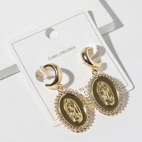 Gold Dipped CZ Halo Virgin Mary Oval Medallion Drop Dangle Mini Hoop Earrings - Gold