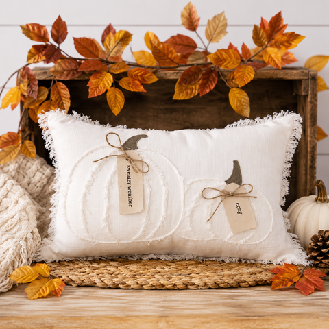 White Raggedy Pumpkins with Fabric Tags Throw Pillow