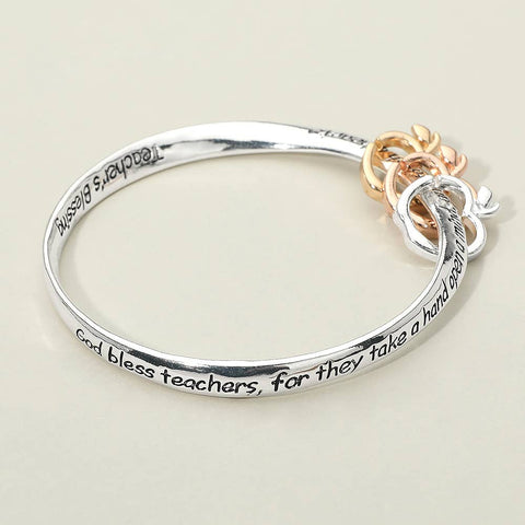 TEACHERS BLESSING Message Triple Open Apple Charm Accent Bangle Bracelet