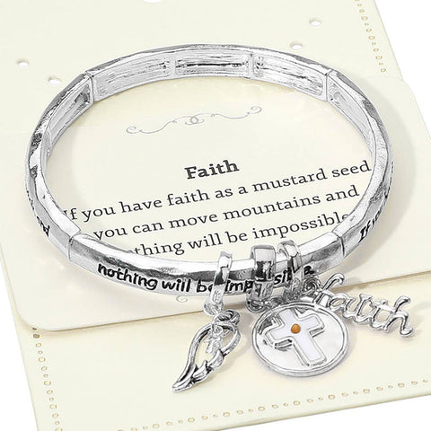 FAITH Message Cross Medal Angel Wing Charm Stretch Bracelet - Antique Silver
