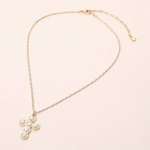 Round Pearl Accent Cross Pendant Necklace - Cream