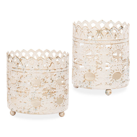 Set of 2 Cream Distressed Decorative Metal Containers