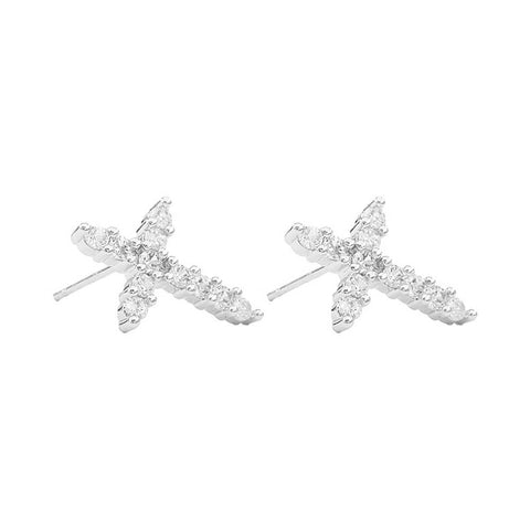 Gold Dipped Cross CZ Stone Stud Earrings - Silver