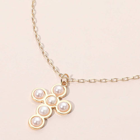 Round Pearl Accent Cross Pendant Necklace - Cream