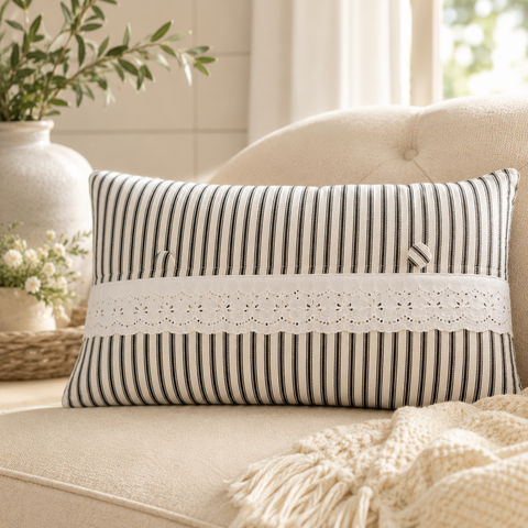 Black & Cream Ticking Stripe Cotton Throw Pillow