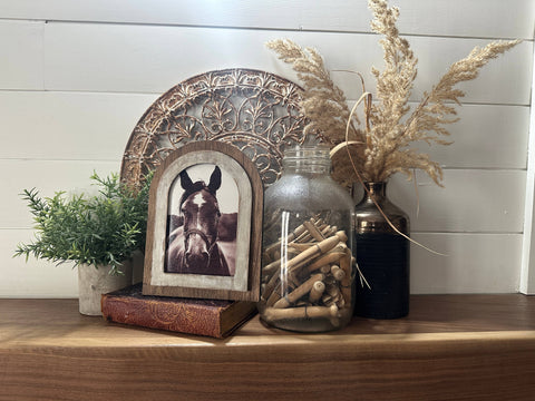 Arched Frame Black and White Horse Photo