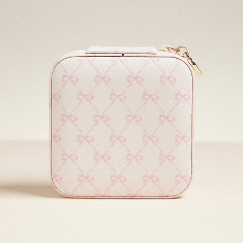 Pink Bow Pattern Portable Square Jewelry Box - Ivory