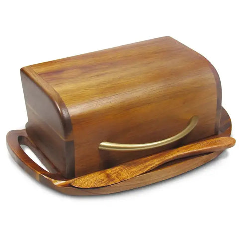 Brass Handle Butterie Acacia Wood Flip-Top Butter Dish w/ Spreader
