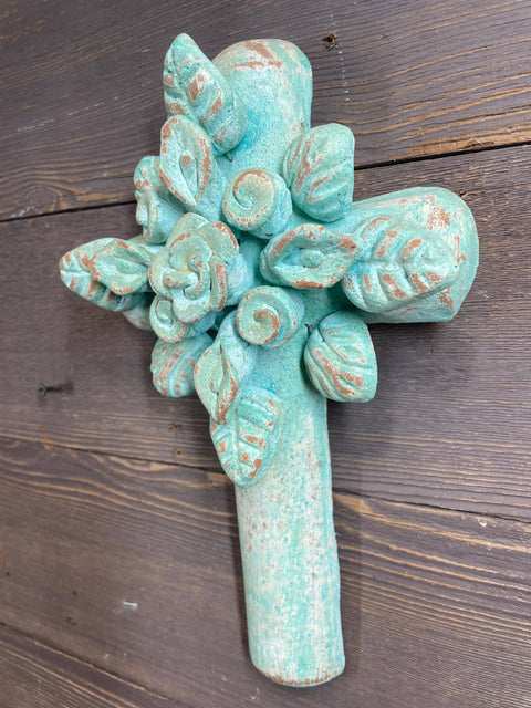 Destin Large Flower Wall Cross-7x11 inches-Rustic-Turquoise