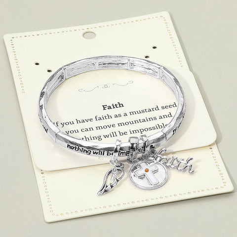 FAITH Message Cross Medal Angel Wing Charm Stretch Bracelet - Antique Silver