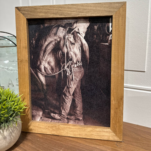 Horse with Best Friend Wood Frame Art Print