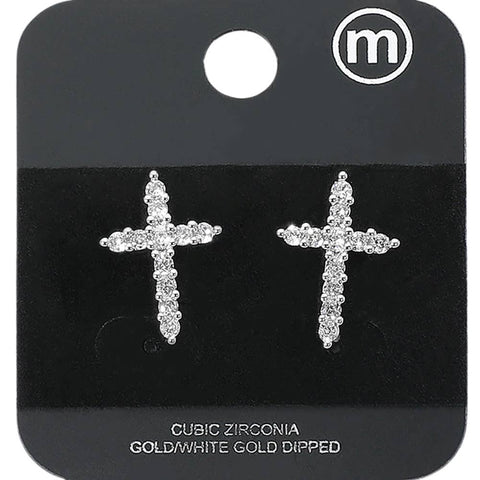 Gold Dipped Cross CZ Stone Stud Earrings - Silver