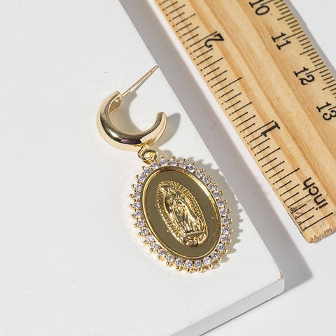 Gold Dipped CZ Halo Virgin Mary Oval Medallion Drop Dangle Mini Hoop Earrings - Gold