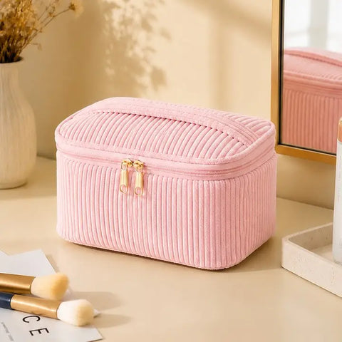Pink Corduroy Cosmetic Makeup Pouch Bag