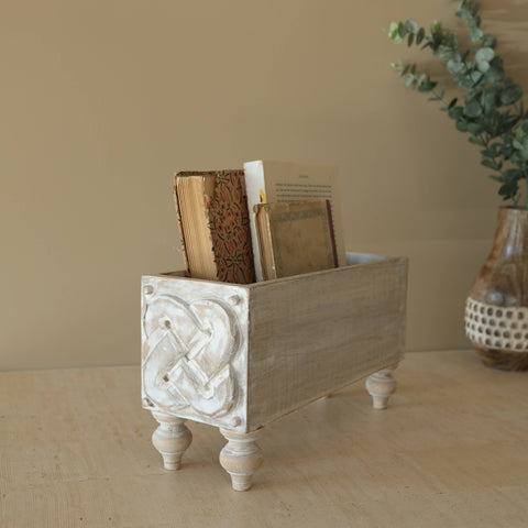 Vennie Whitewashed Carved Wood Bin