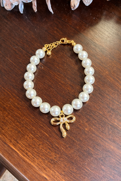 Pearl Bracelet - Gold Bow Charm