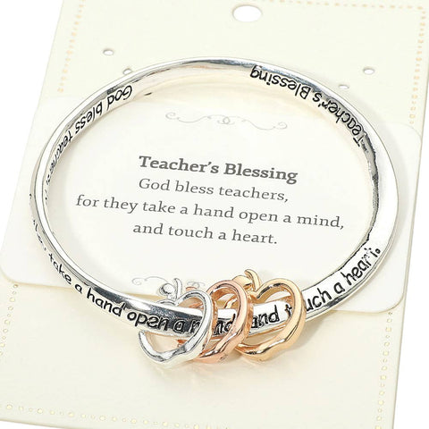 TEACHERS BLESSING Message Triple Open Apple Charm Accent Bangle Bracelet