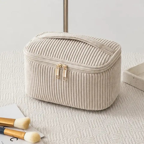 Tan Corduroy Cosmetic Makeup Pouch Bag