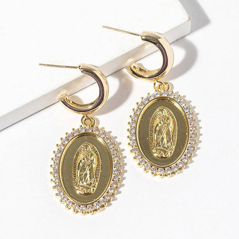 Gold Dipped CZ Halo Virgin Mary Oval Medallion Drop Dangle Mini Hoop Earrings - Gold