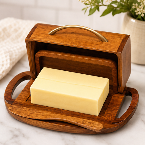Brass Handle Butterie Acacia Wood Flip-Top Butter Dish w/ Spreader