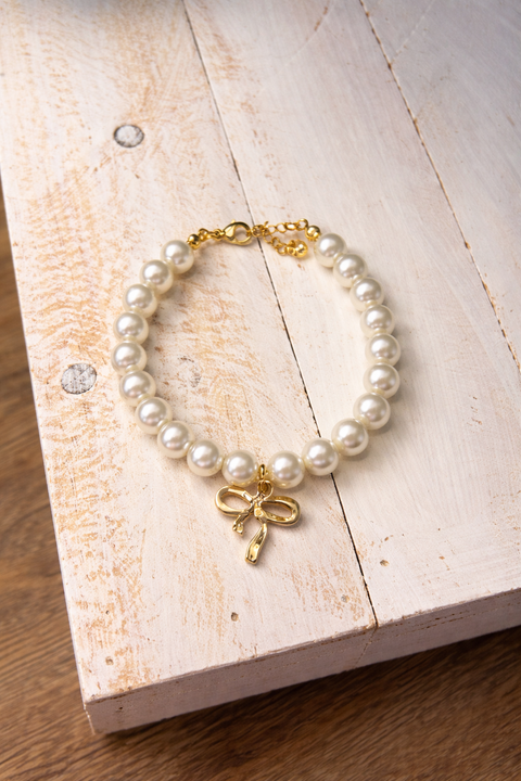 Pearl Bracelet - Gold Bow Charm