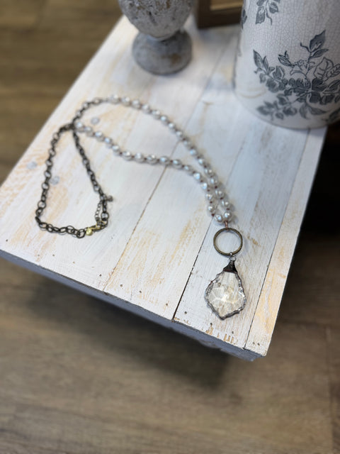Necklace - Pearl Chain with Edged Faceted Glass Pendant