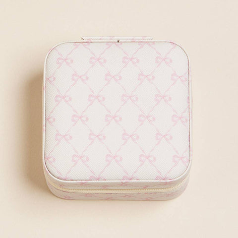 Pink Bow Pattern Portable Square Jewelry Box - Ivory