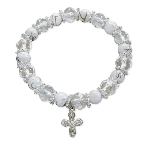 Rosary Bracelet White Glass Beads Cross Charm