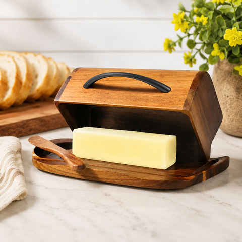 Black Handle Butterie Acacia Wood Flip-Top Butter Dish w/ Spreader