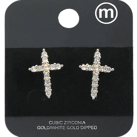 Gold Dipped Cross CZ Stone Stud Earrings - Silver
