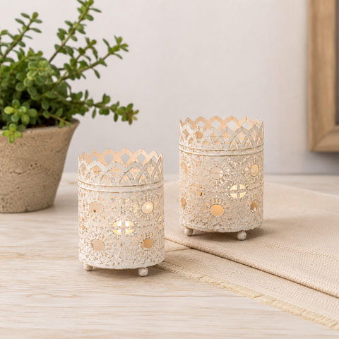 Set of 2 Cream Distressed Decorative Metal Containers