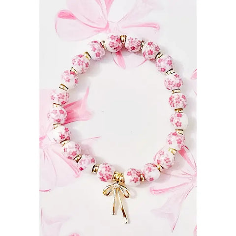 Pink Floral Bow Beaded Bracelet
