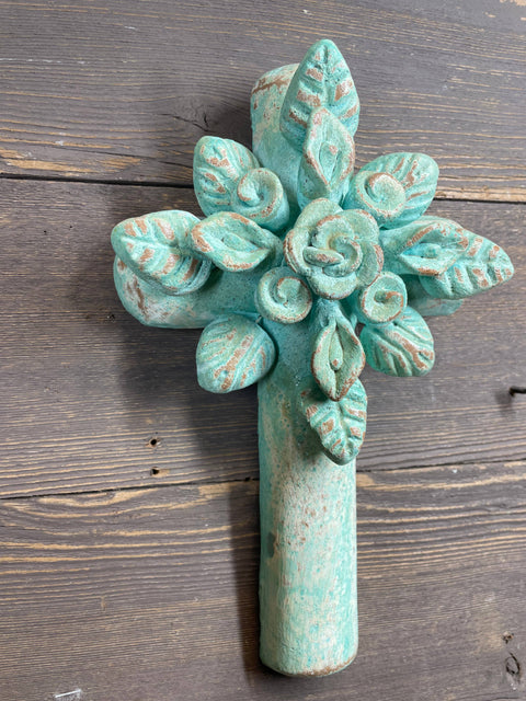 Destin Large Flower Wall Cross-7x11 inches-Rustic-Turquoise