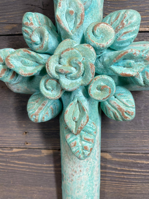 Destin Large Flower Wall Cross-7x11 inches-Rustic-Turquoise