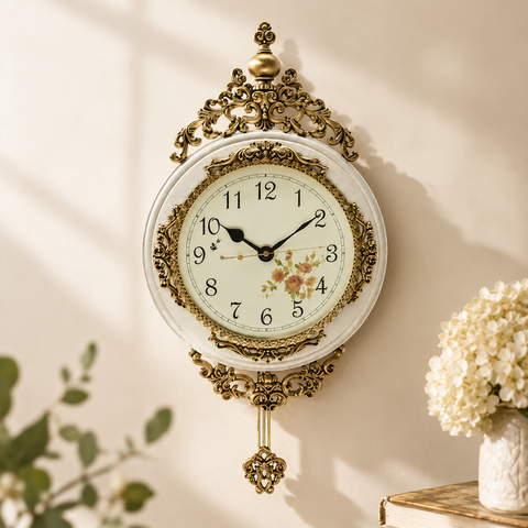 White/Gold Wall Clock With Pendulum