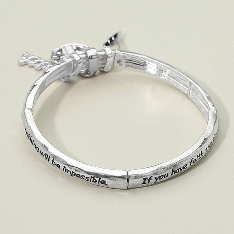 FAITH Message Cross Medal Angel Wing Charm Stretch Bracelet - Antique Silver